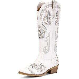 Women Polyurethane White Rhinestone Embroidered Chunky Heel Knee High Tall Boots